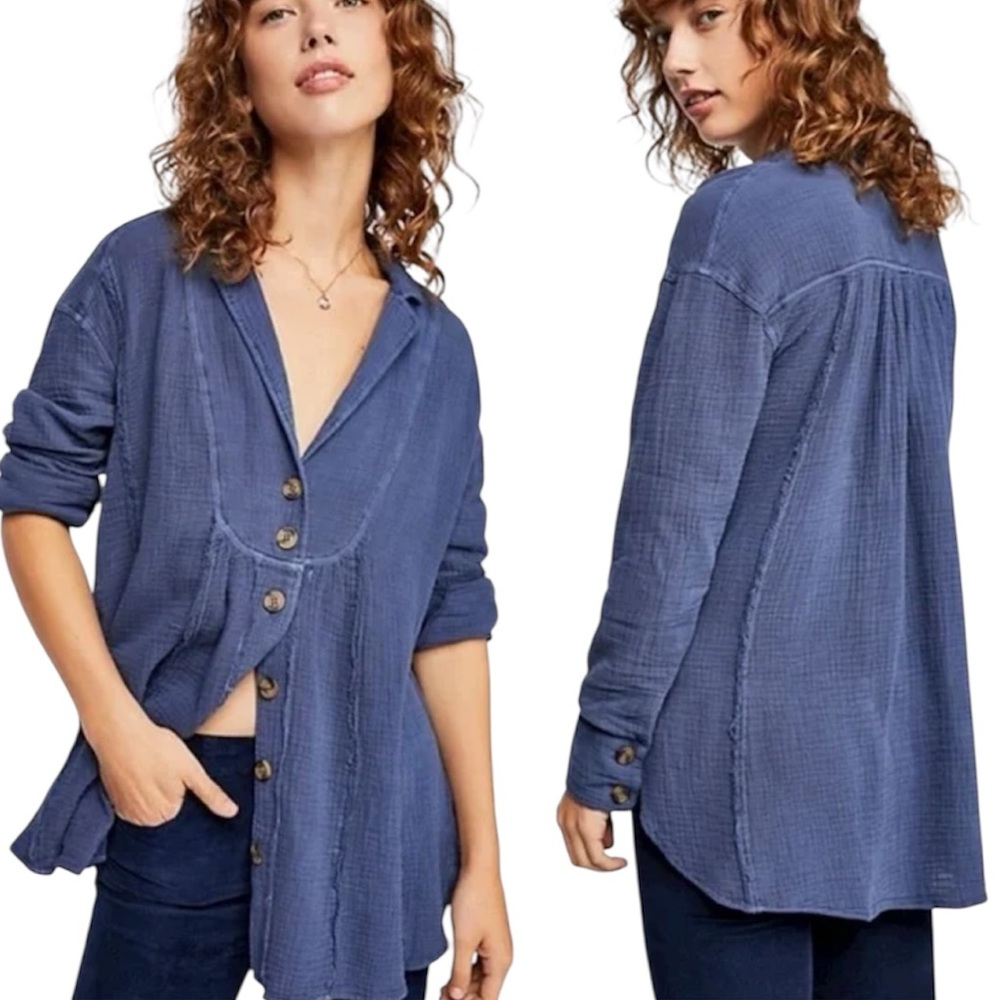 Free People All About the Feels Oversized Button Down Shirt Blue Gauze Boho S